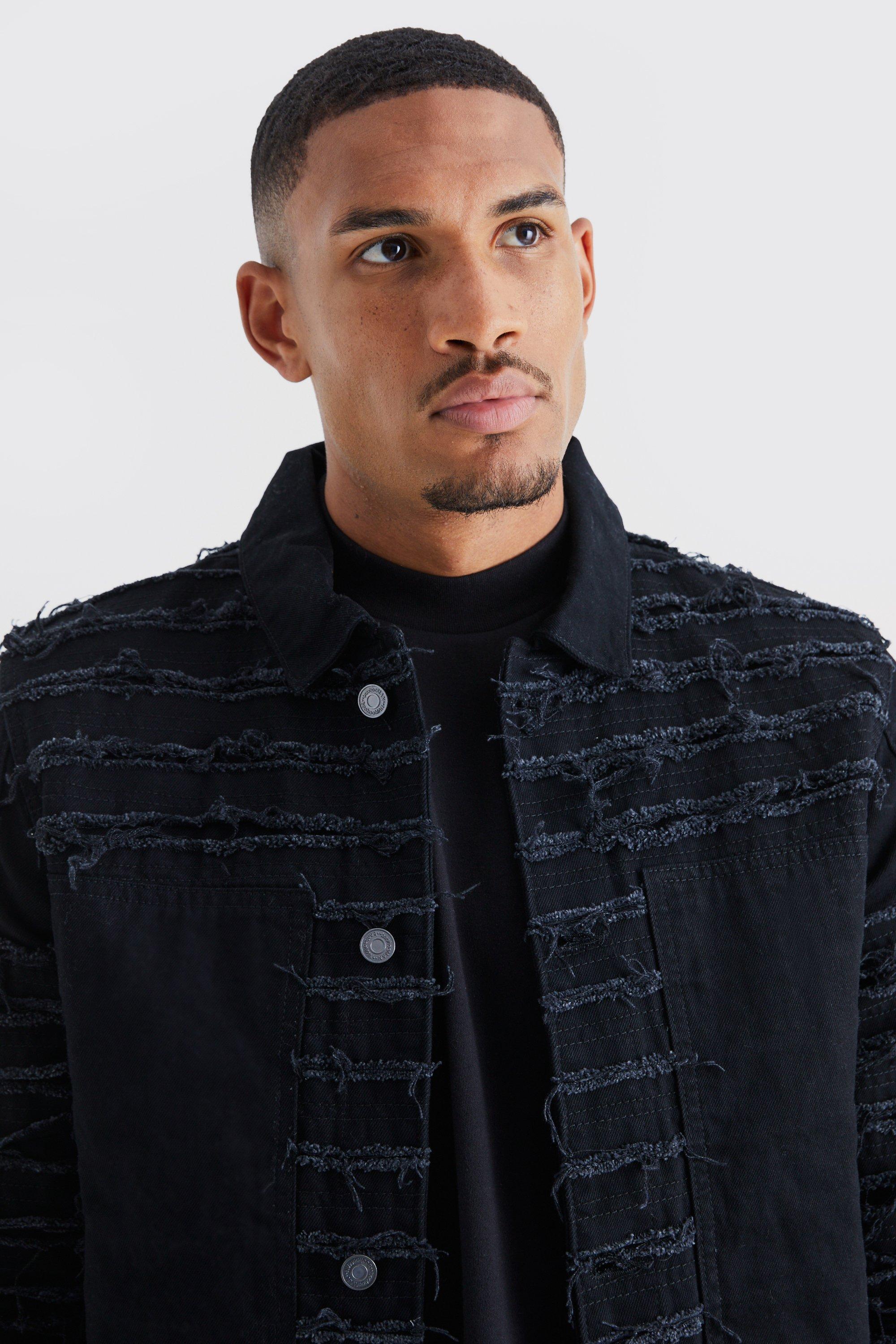 Mens distressed denim jacket hot sale black